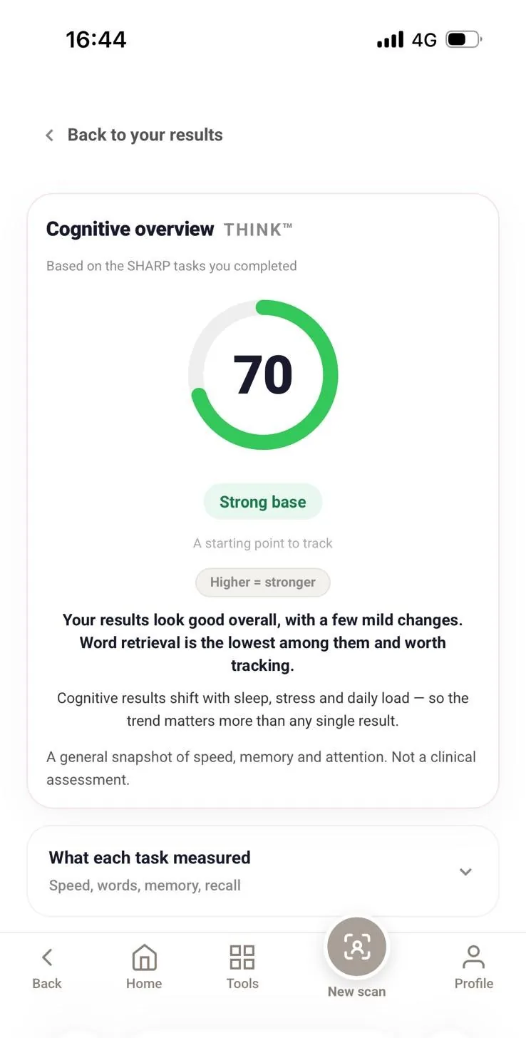 Cognition test result screen